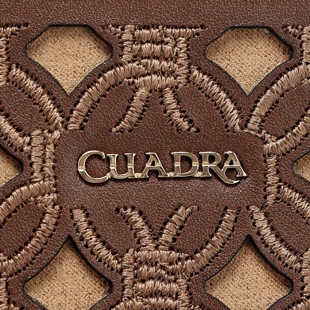 Close-up of embroidered leather detail on Cuadra Honey Embroidery Bag