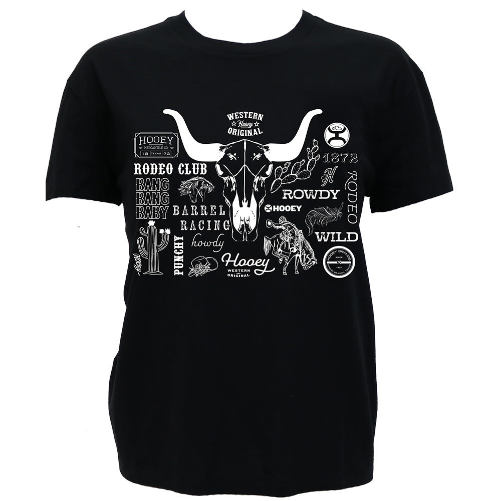 Hooey Round Up Black Rodeo Logo T-Shirt front view in black with white rodeo graphic