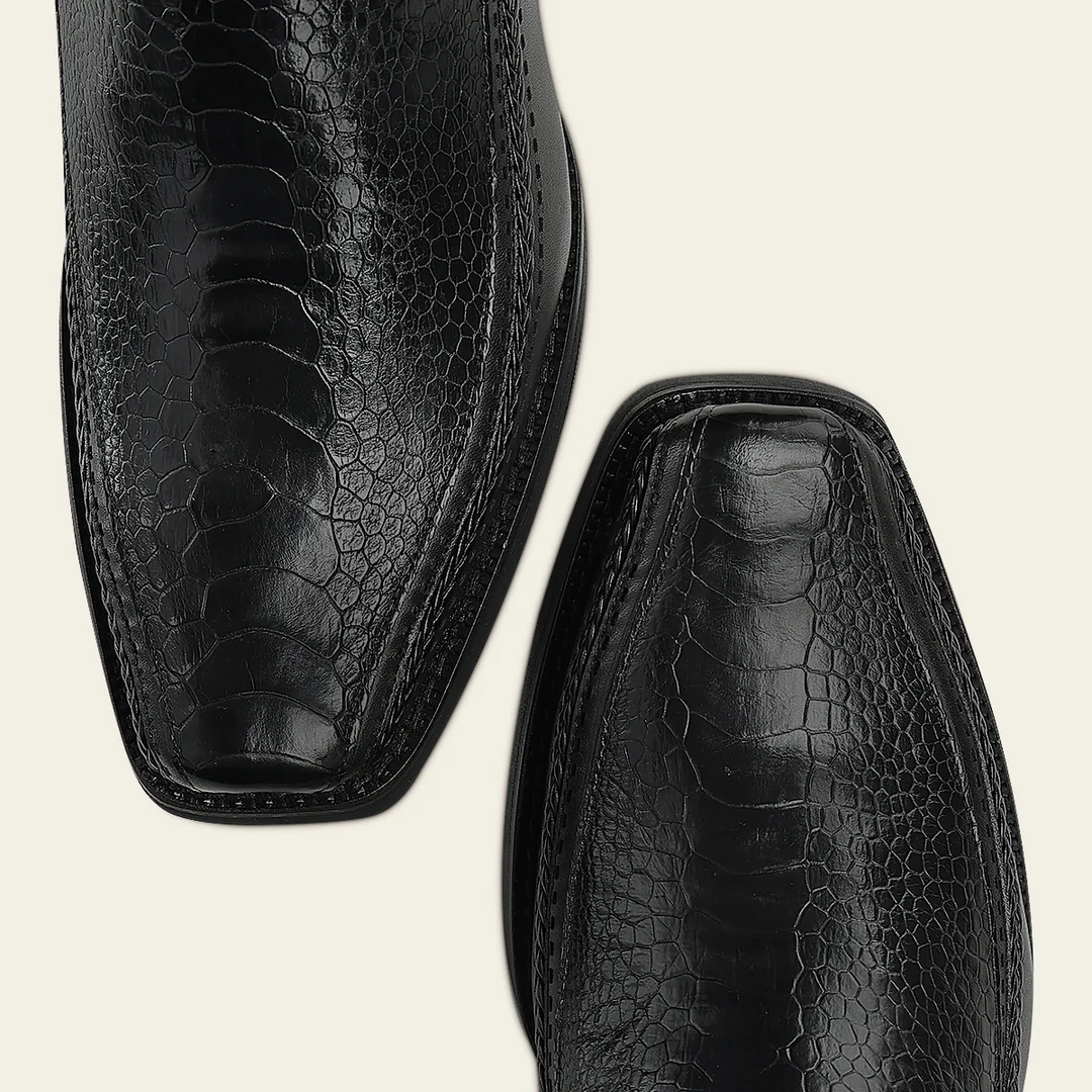 Close-up of Cuadra Black Ostrich Leg Narrow Square Toe Boot heel