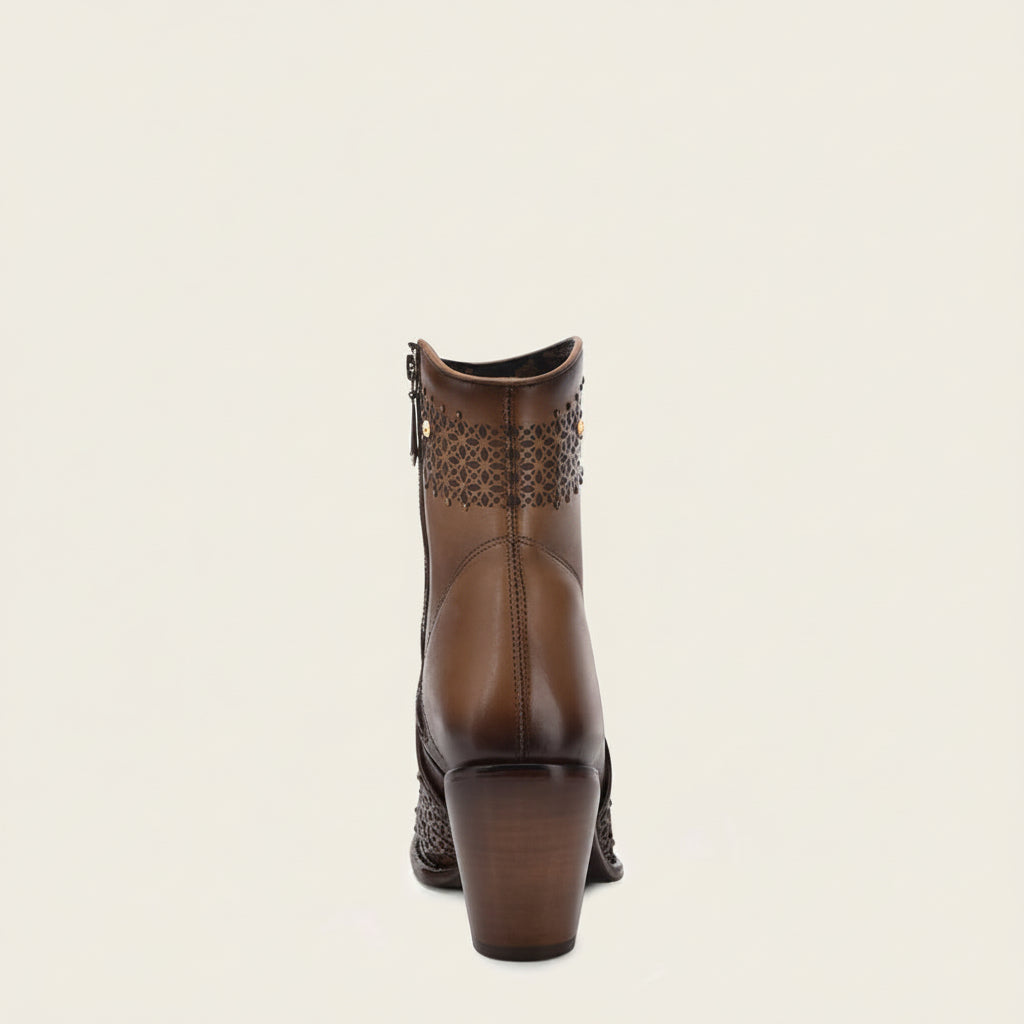 Cuadra Honey Perforated Crystal Ankle Bootie back view with rear zipper