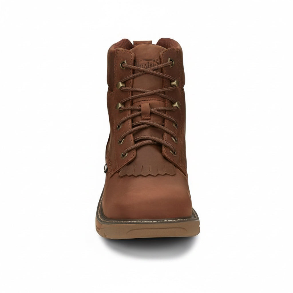 Front view of Justin Rush 6 Inch Waterproof Boot with lace-up design