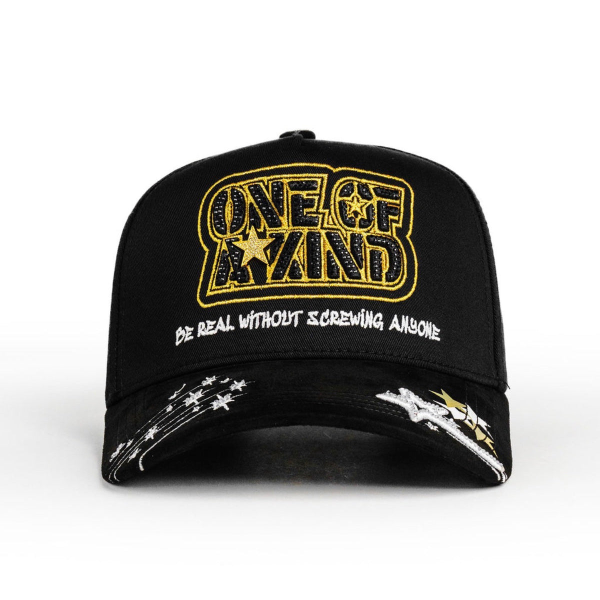 Bigg Boss One Of Akind Gold Hat front view in black with gold embroidered graphic