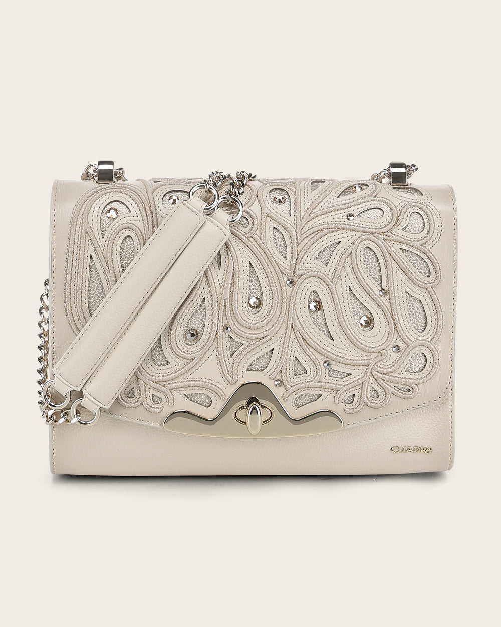 Cuadra Women’s Beige Bovine Leather Shoulder Bag Clutch front view in beige leather with crystal detail