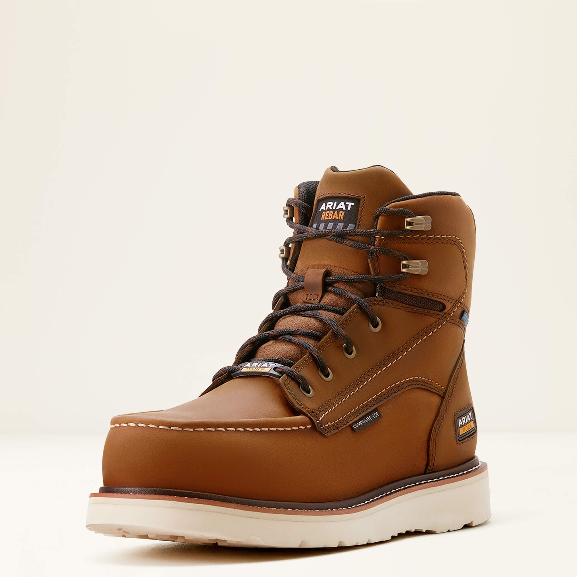 Ariat Rebar Wedge Moc Toe 6 inch Waterproof Composite Toe Work Boot angled front view in brown leather