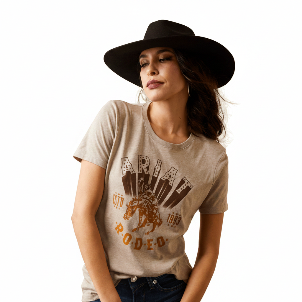 Ariat Vintage Rodeo T-Shirt front view on model in beige with rodeo graphic