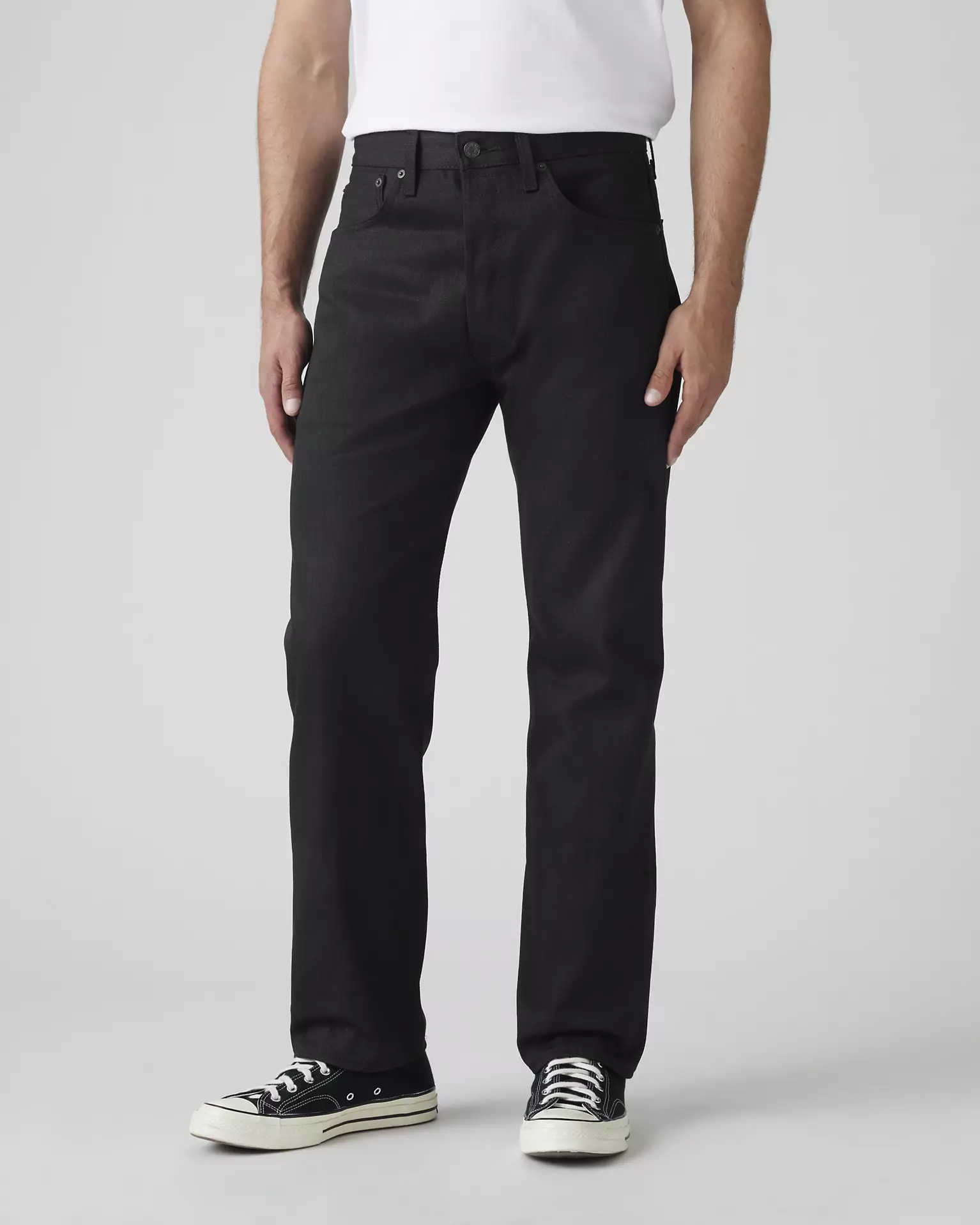 Levi’s 501 Original Shrink-to-Fit Men’s Jeans close-up lower body view in black denim