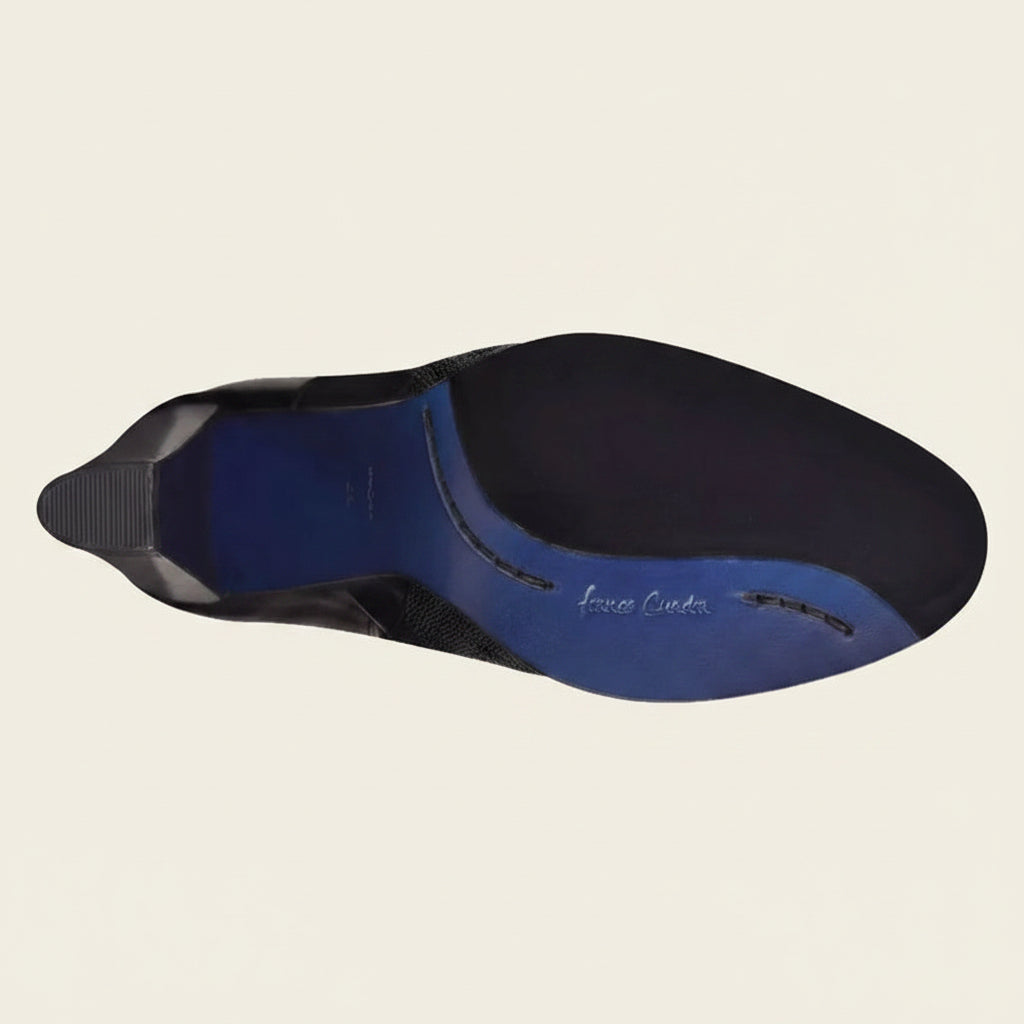 Outsole view of Cuadra Black Stingray Ankle Bootie showing tread detail