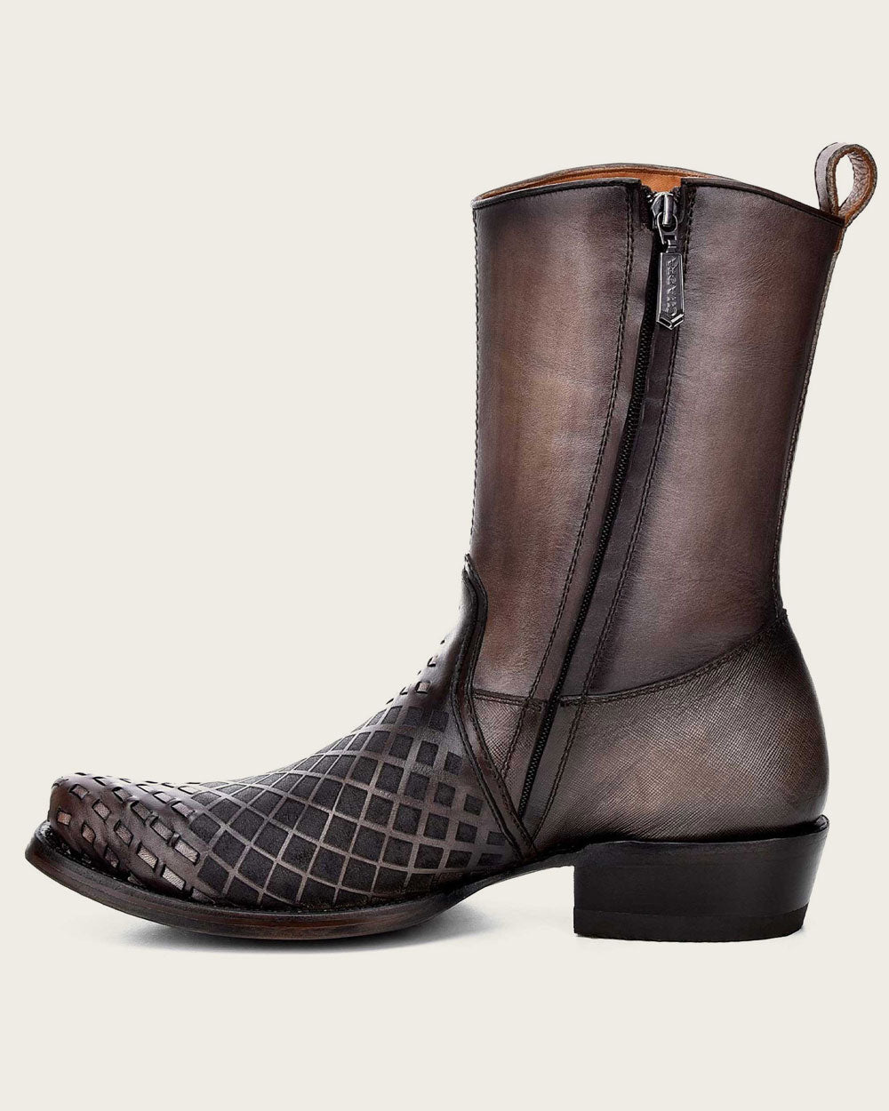 Grey Laser & Woven Narrow Square Toe Boot