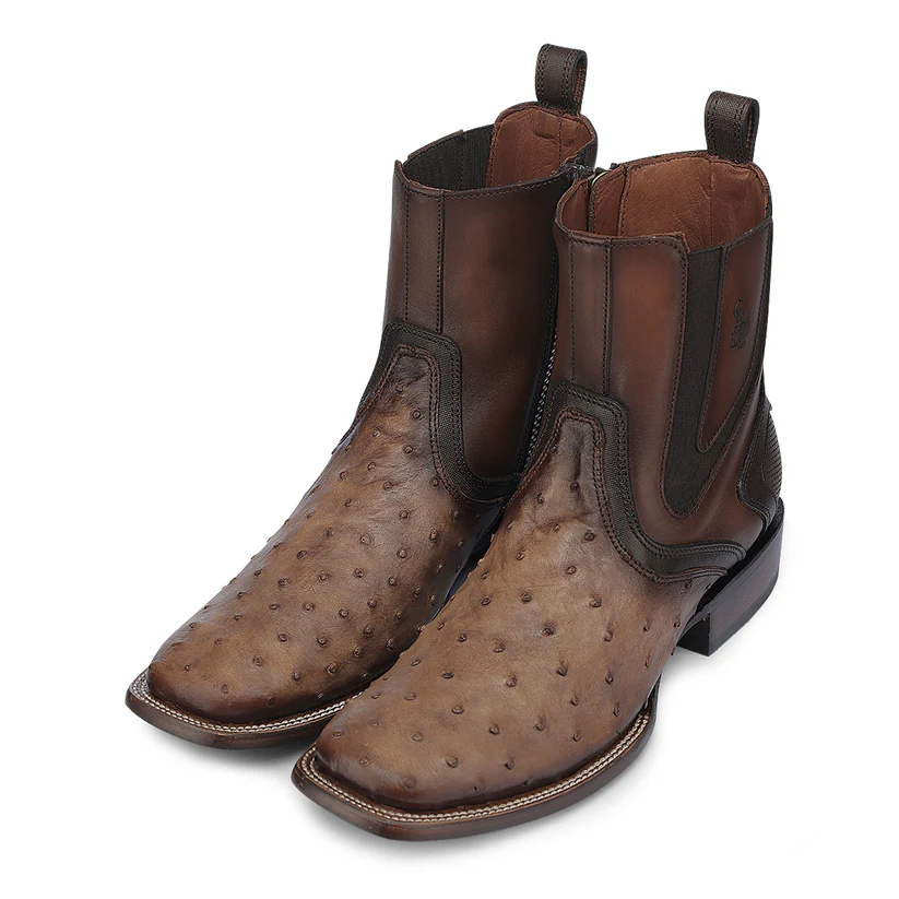 Brown Ostrich Zipper & Elastic Square Toe