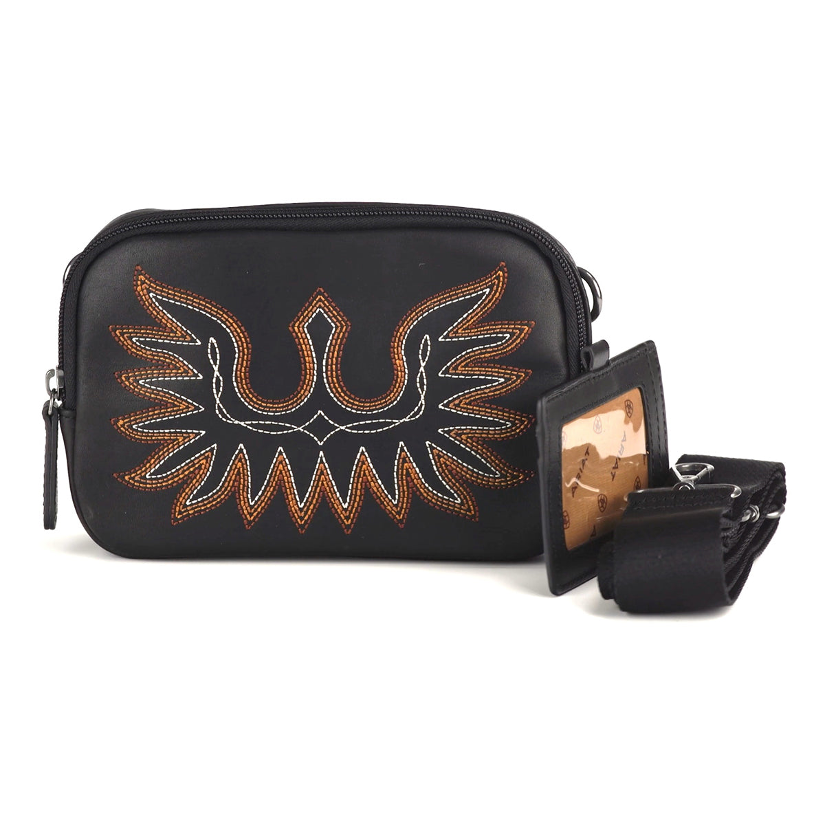 Ariat Ladies Black Casanova Collection Belt Bag front view in black leather with embroidered detail