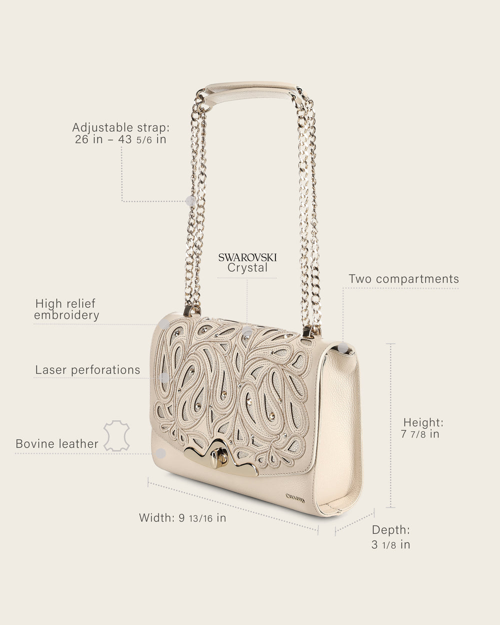 Cuadra Women’s Beige Bovine Leather Shoulder Bag Clutch angled front view in beige leather with dimensions