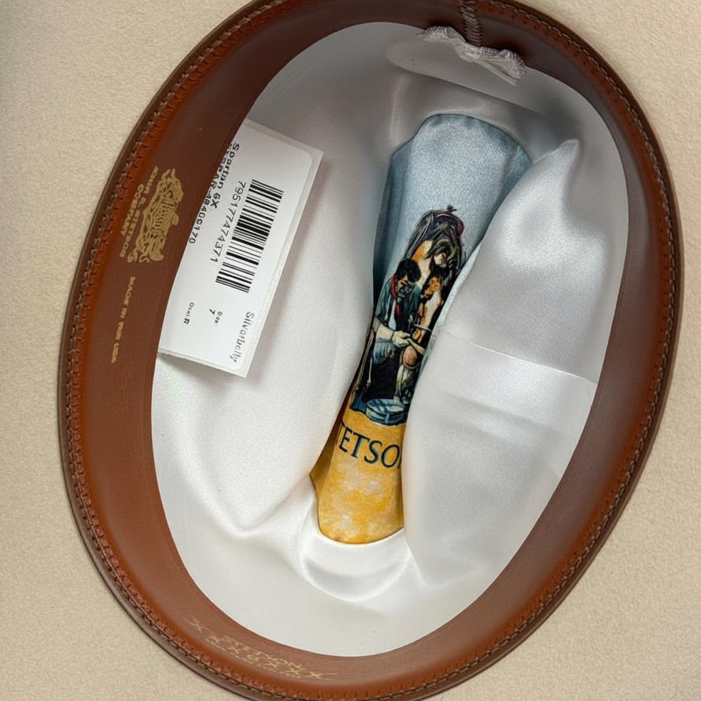 Interior view of Stetson Spartan 6X Silverbelly Felt Hat showing sweatband and lining