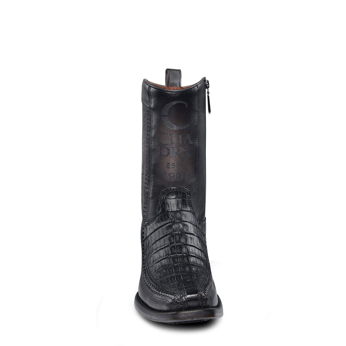 Bota de punta cuadrada estrecha tejida y con láser de caimán negro escotado