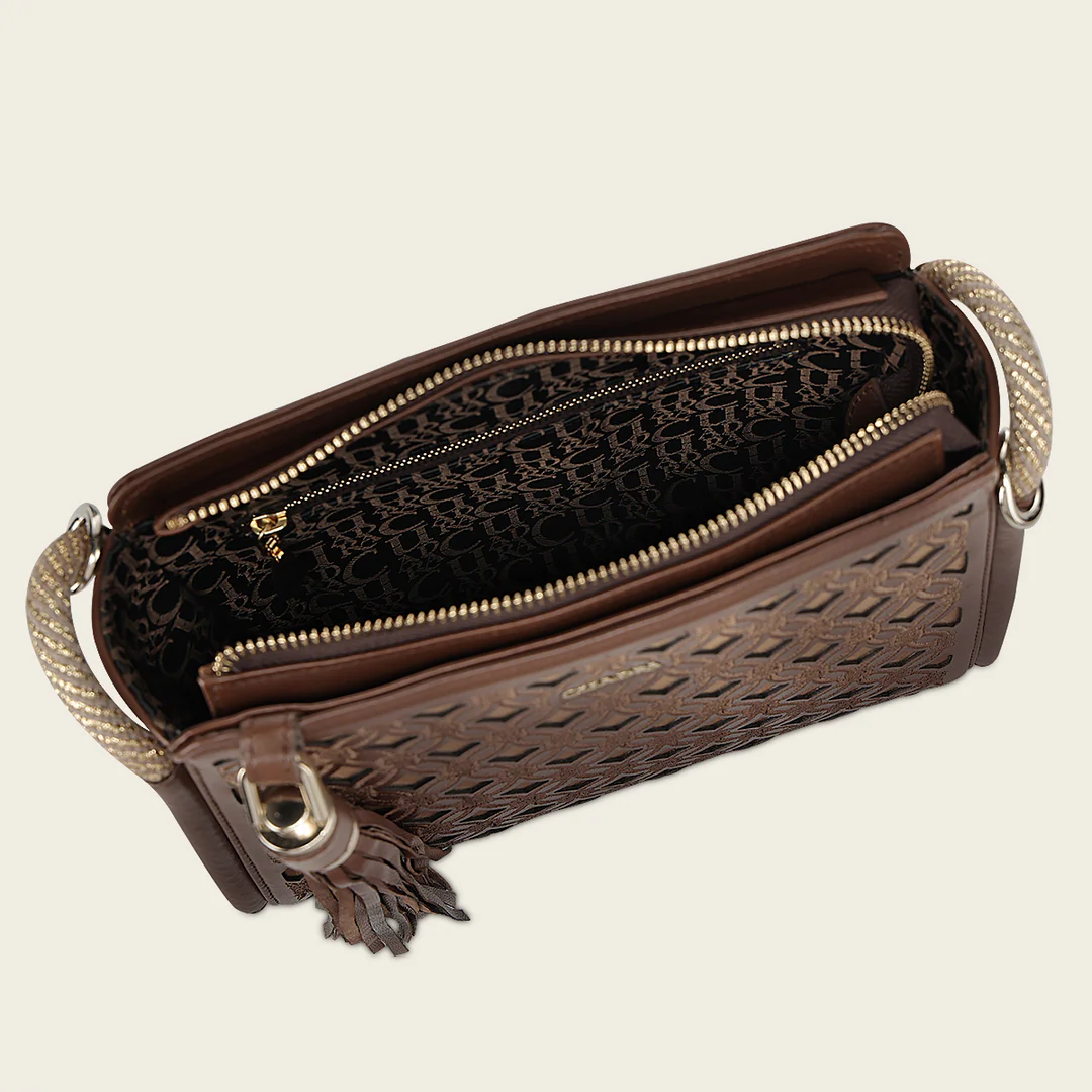 Top view of Cuadra Honey Embroidery Bag showing zipper opening and interior