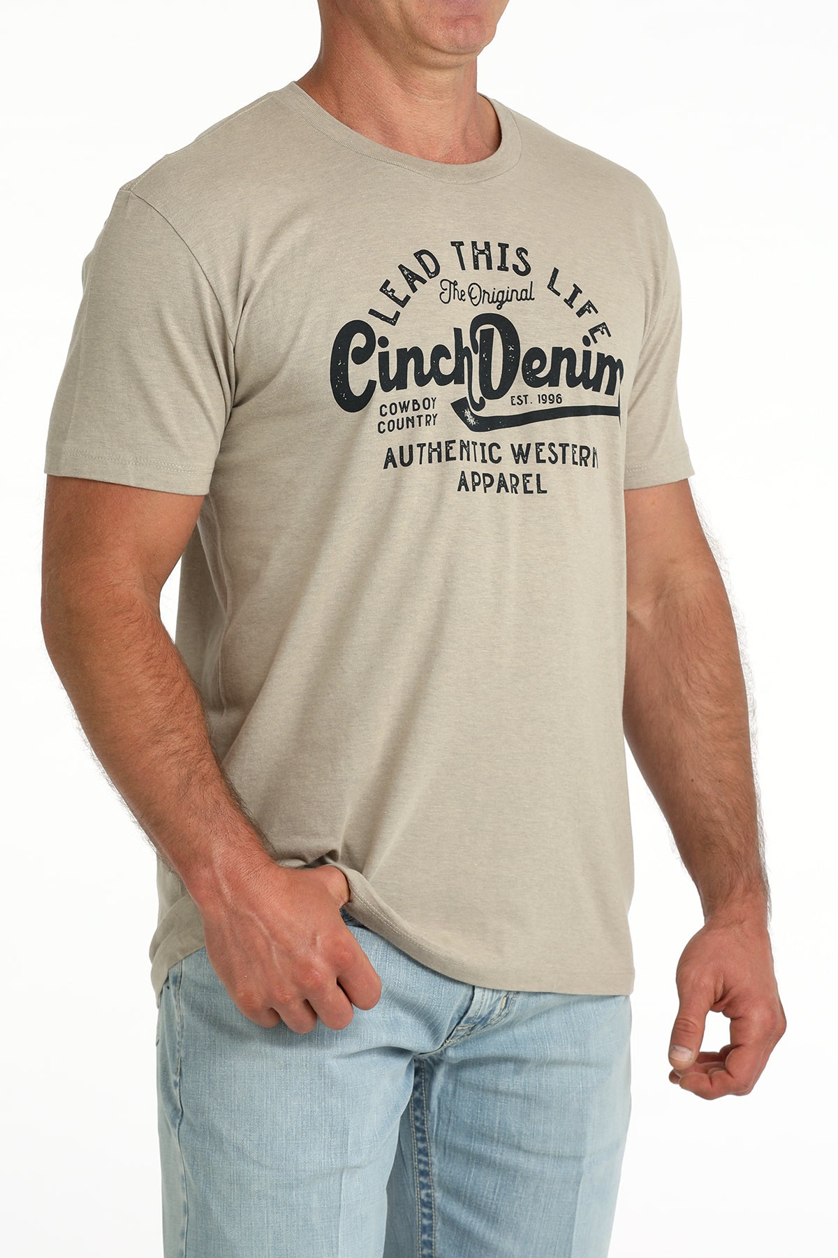 Cinch Men’s Short Sleeve Graphic Tee angled front view on model in khaki