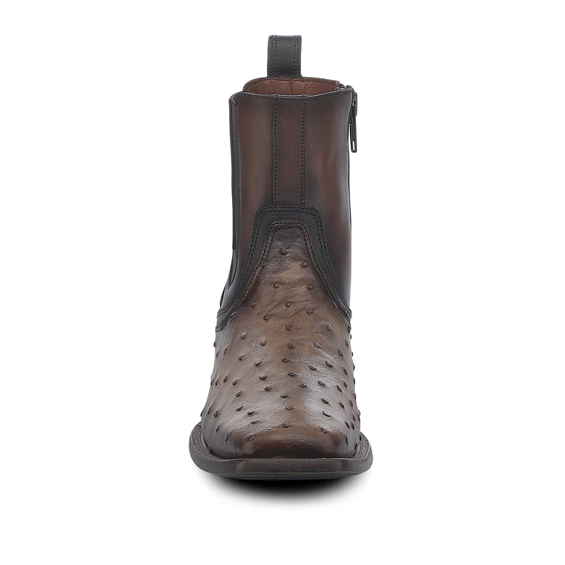 Brown Ostrich Zipper & Elastic Square Toe