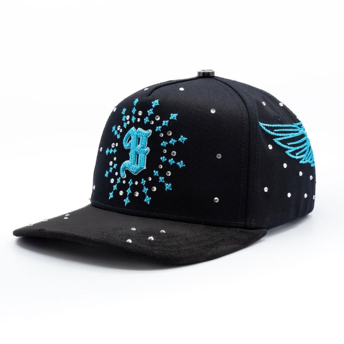 Angled side view of Bigg Boss B Cristales Azul Hat in black and blue
