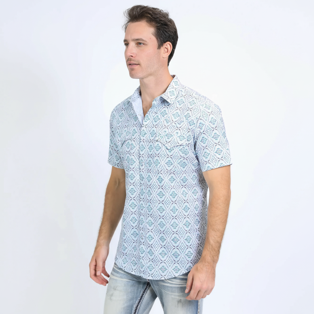 Mens Performance Western Short Sleeve Aztec Print White Shirt