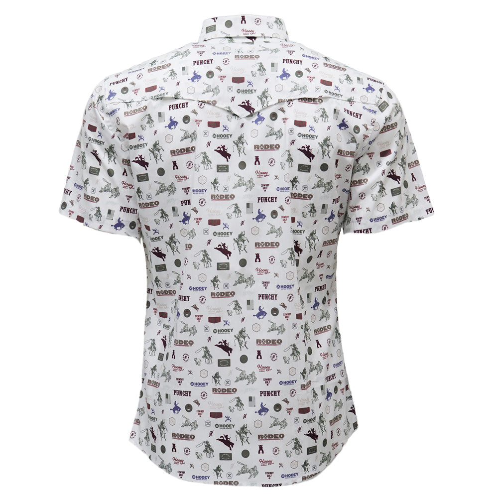 Hooey Maverick Short Sleeve Button Up Shirt back view in white with rodeo print