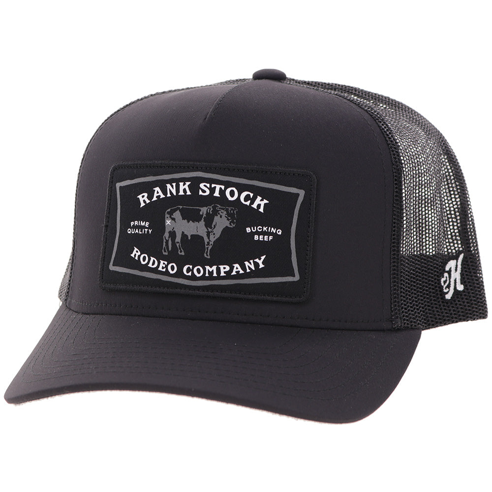 Hooey Rank Stock Black Hat front angled view in black with patch logo