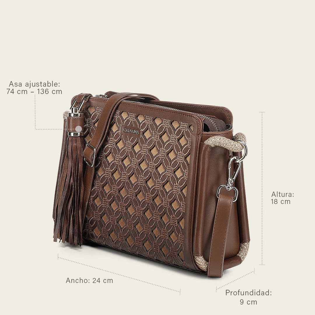 Angled view of Cuadra Honey Embroidery Bag in brown leather with dimensions