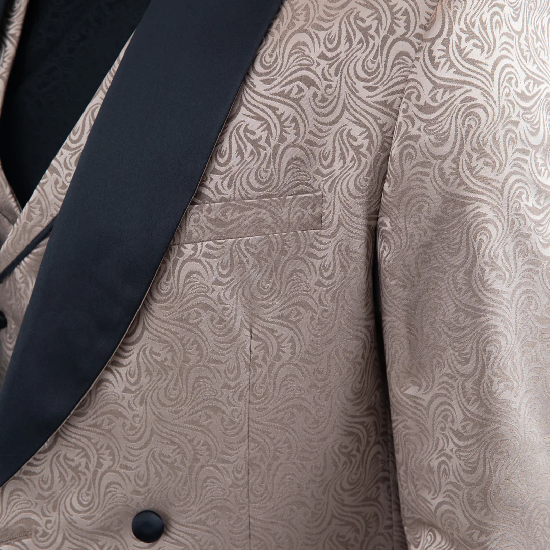 Men Patterned Khaki Double-Breasted Blazer & Vest Set