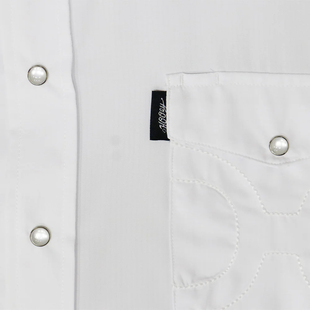 Close-up of Hooey Sol Short Sleeve Pearl Snap Shirt chest pocket and snap detail in white