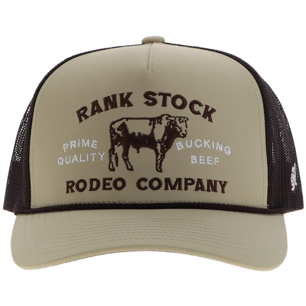 Hooey Rank Stock Tan Brown Stitching Hat front view in tan and brown with patch detail