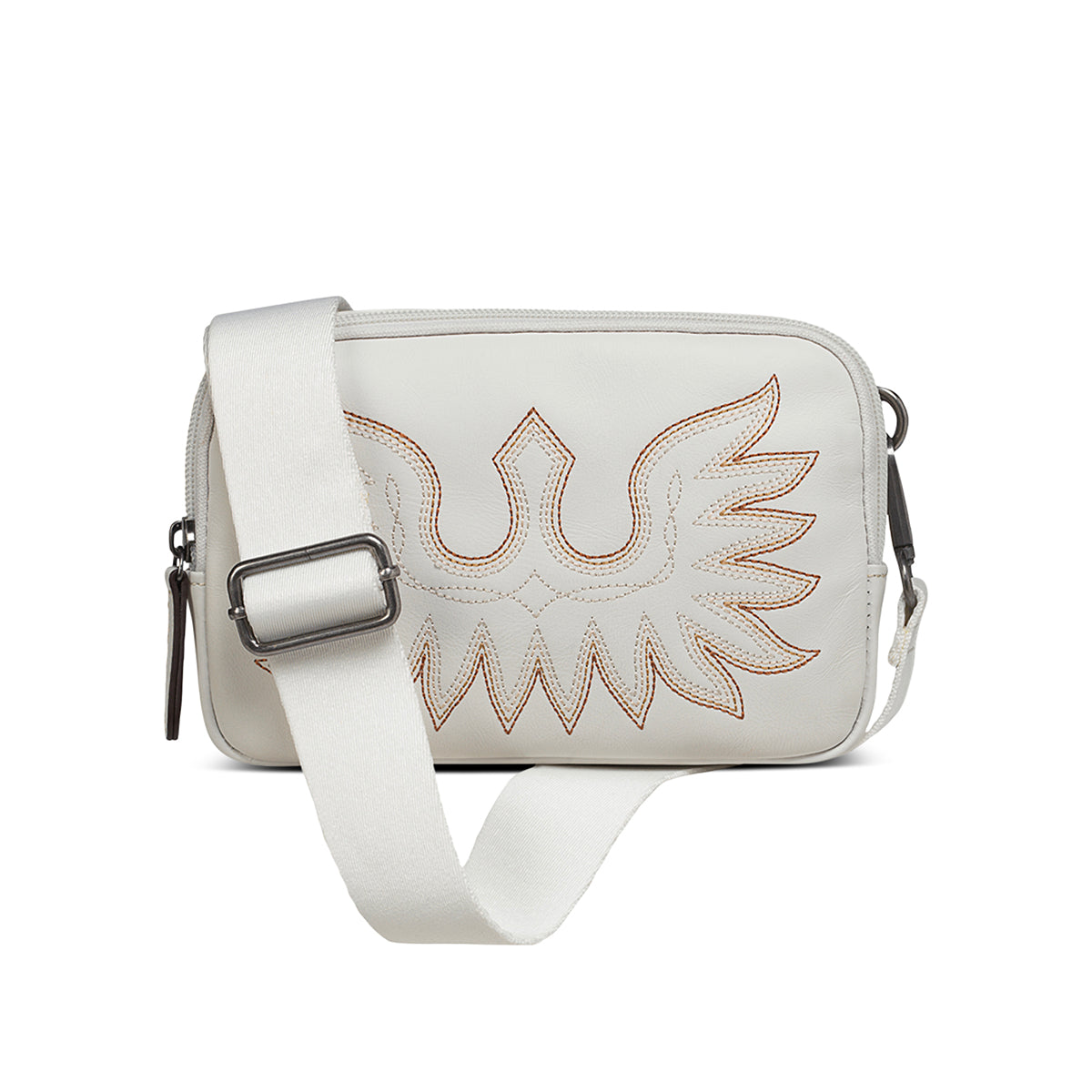 Ariat Ladies White Casanova Collection Belt Bag front view in white leather with embroidered detail
