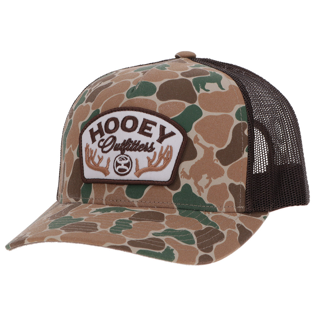 Hooey Outfitters Camo Brown Patch Hat front angled view in camo and brown with patch logo