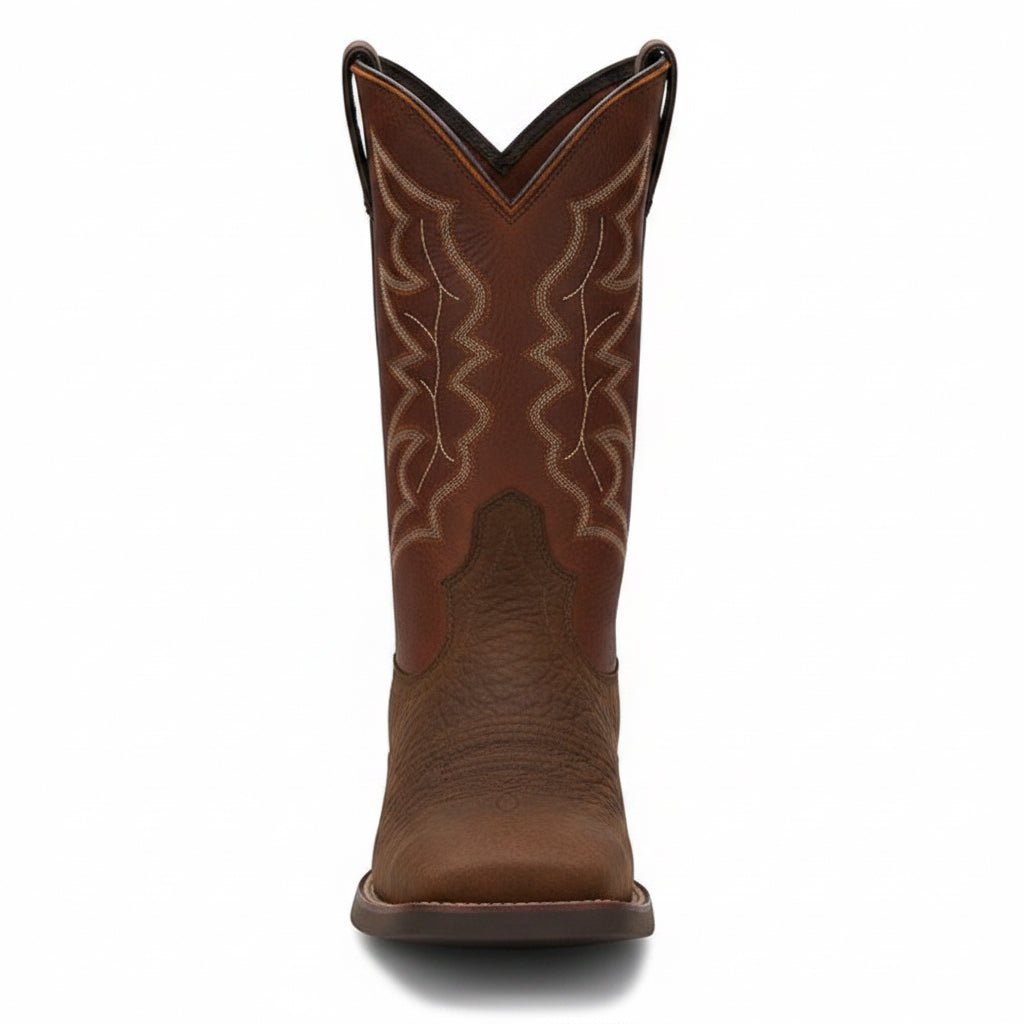 Front view of Justin Chet 11 Western Boot in brown leather