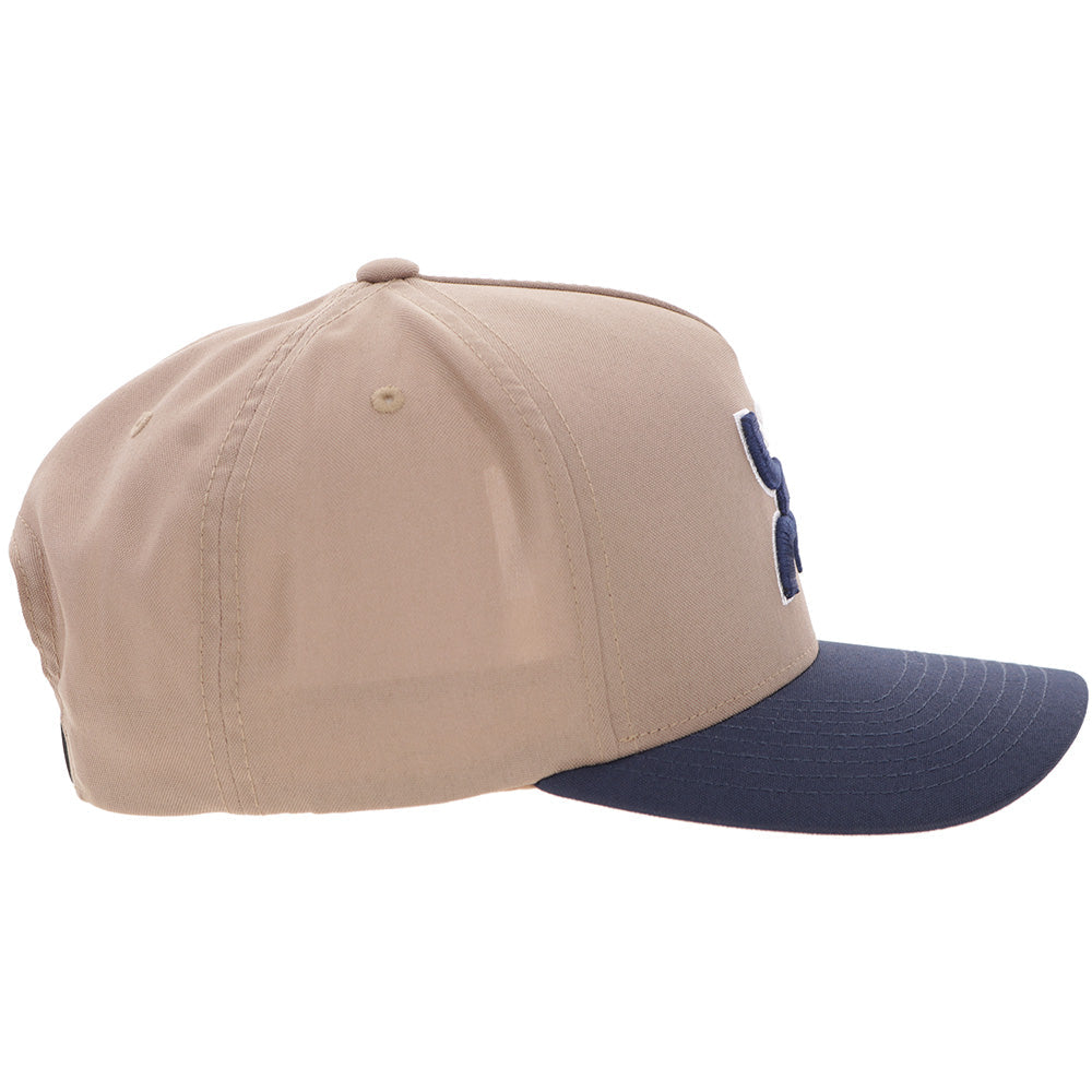 Hooey Classic Tan Blue Golf Logo Hat side view in tan and navy
