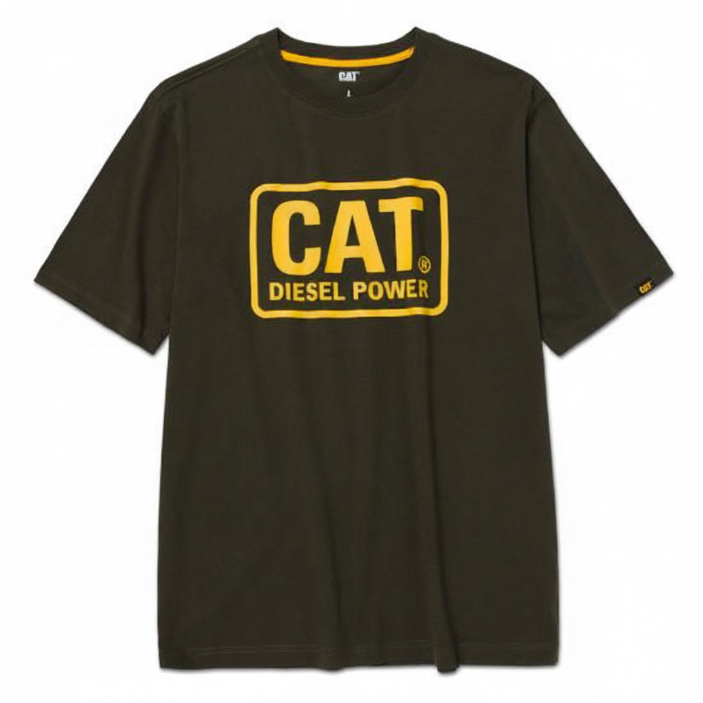 CAT Diesel Army Moss Power Short Sleeve T-Shirt front view in army moss with yellow CAT logo