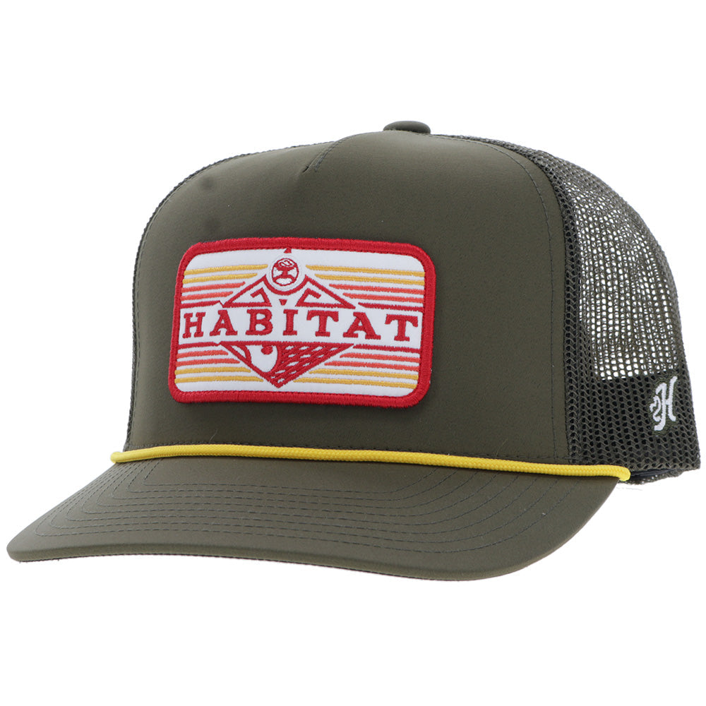 Hooey Habitat Green Rectangle Patch Hat front angled view in green with red and white patch