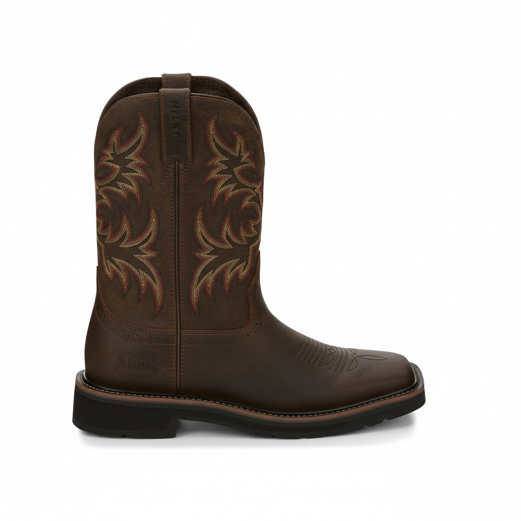 Side view of Justin Driller 11 Inch Work Boot in brown leather
