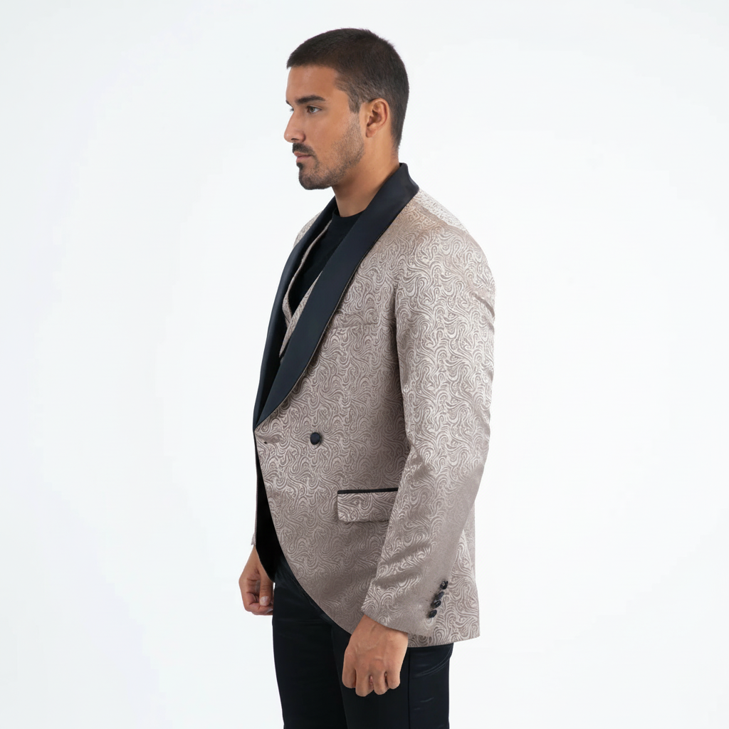 Men Patterned Khaki Double-Breasted Blazer & Vest Set