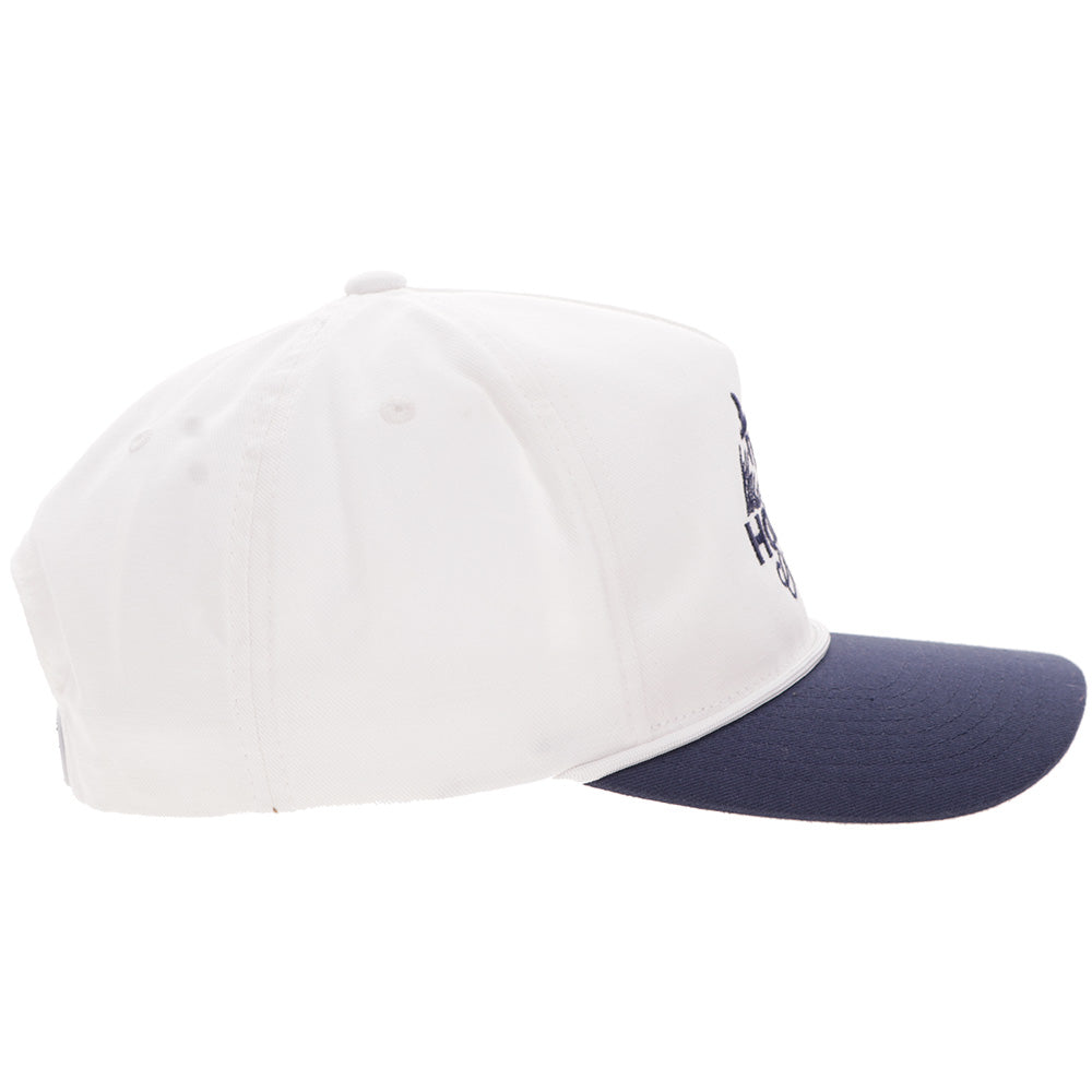 Hooey Decoy White Navy Blue Logo Hat side view in white and navy