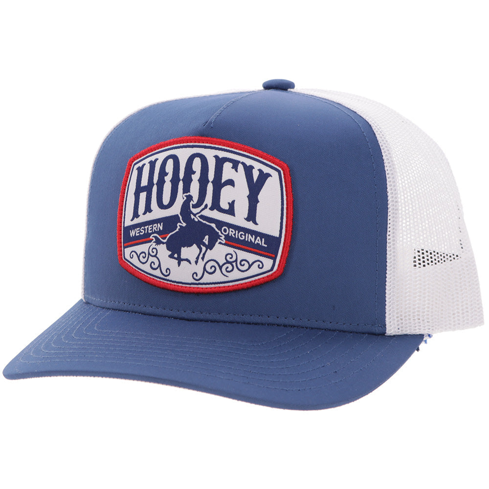 Hooey Salado Blue White Hat front angled view in blue and white with red patch