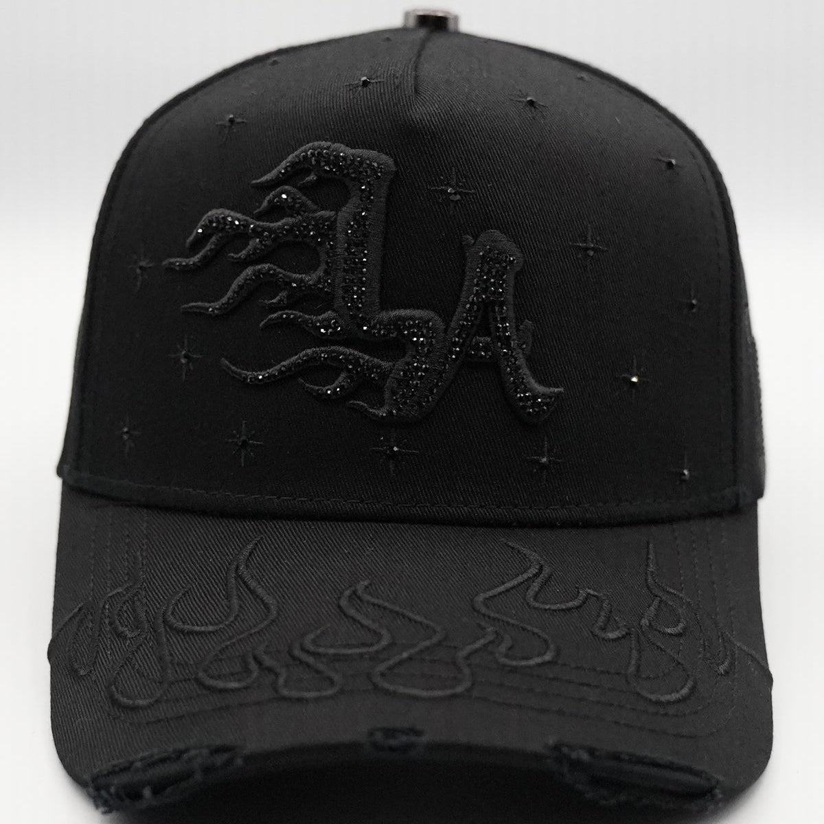 Bigg Boss LA Flame Black Klan Hat front view in black with LA logo