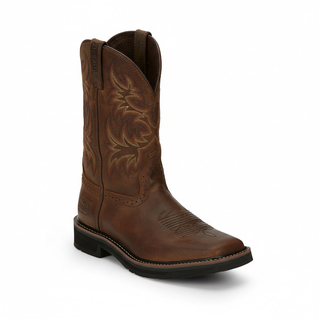 Front angled view of Justin Driller 11 Inch Work Boot pair in brown