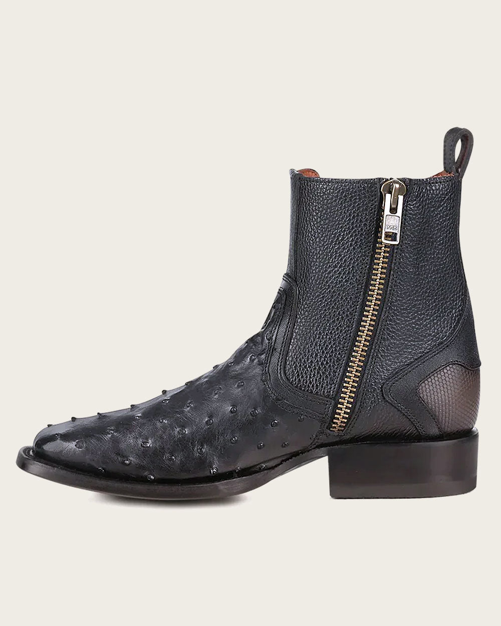 Black Ostrich Zipper & Elastic Square Toe Boot