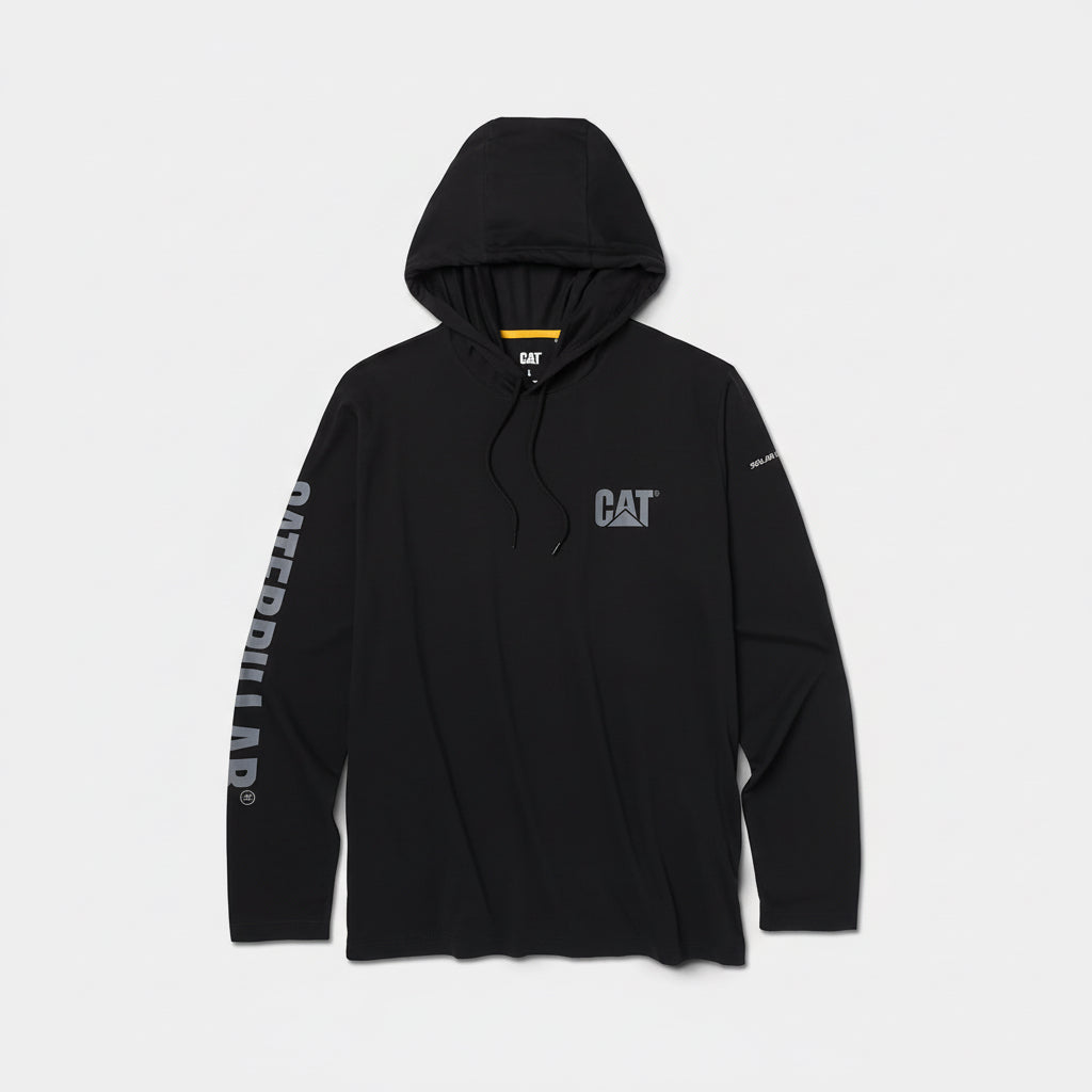 CAT UPF Hooded Black Banner Long Sleeve T-Shirt for men in black with hood and sleeve graphic