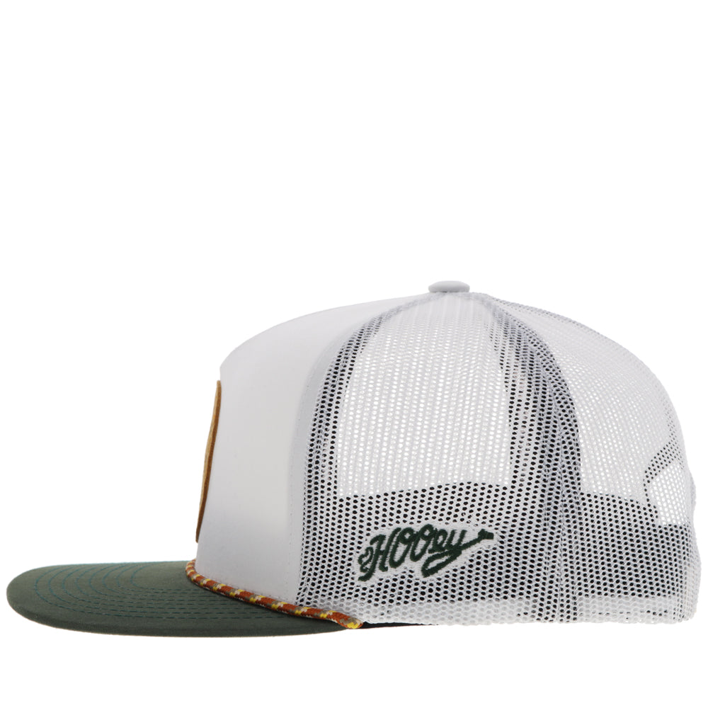 Hooey Spur White Leather Patch Hat side view in white and green
