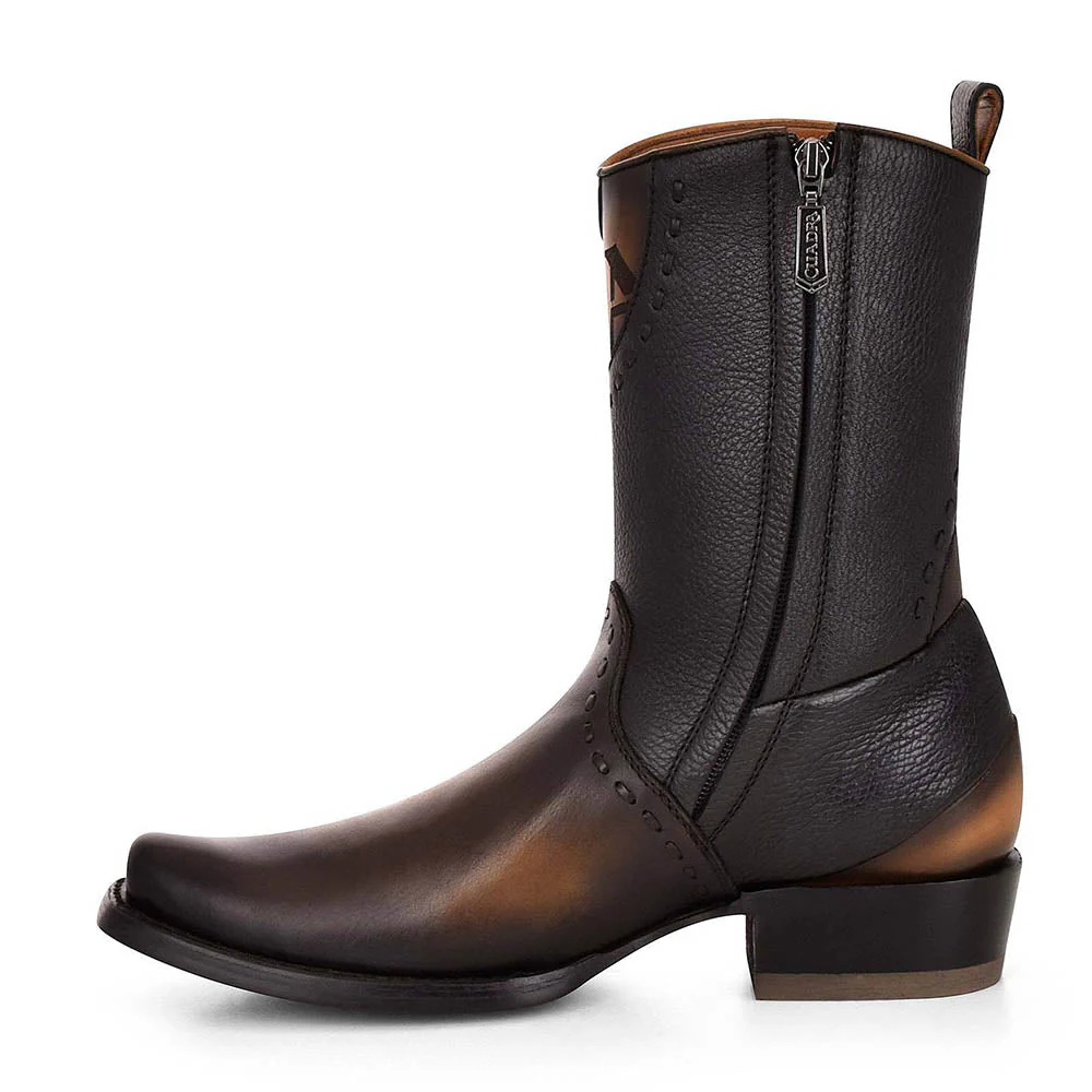 Black Lazer & Woven & Zipper Narrow Sq. Toe Boot