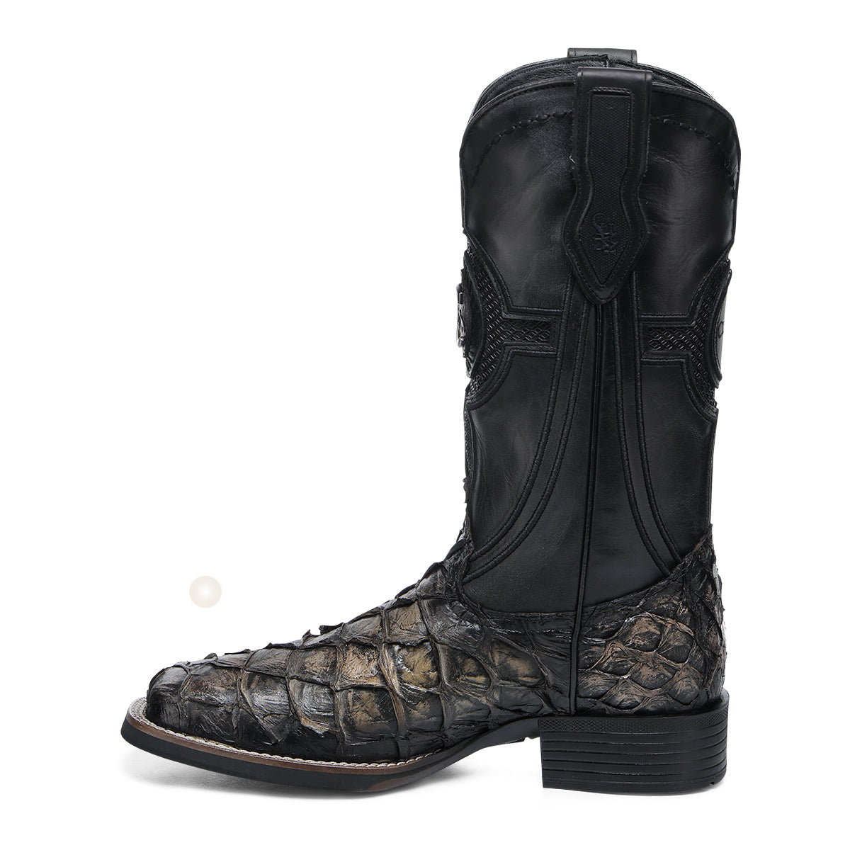 Black & Orix Pirarucu Studs & Embroidery & Woven Square Toe