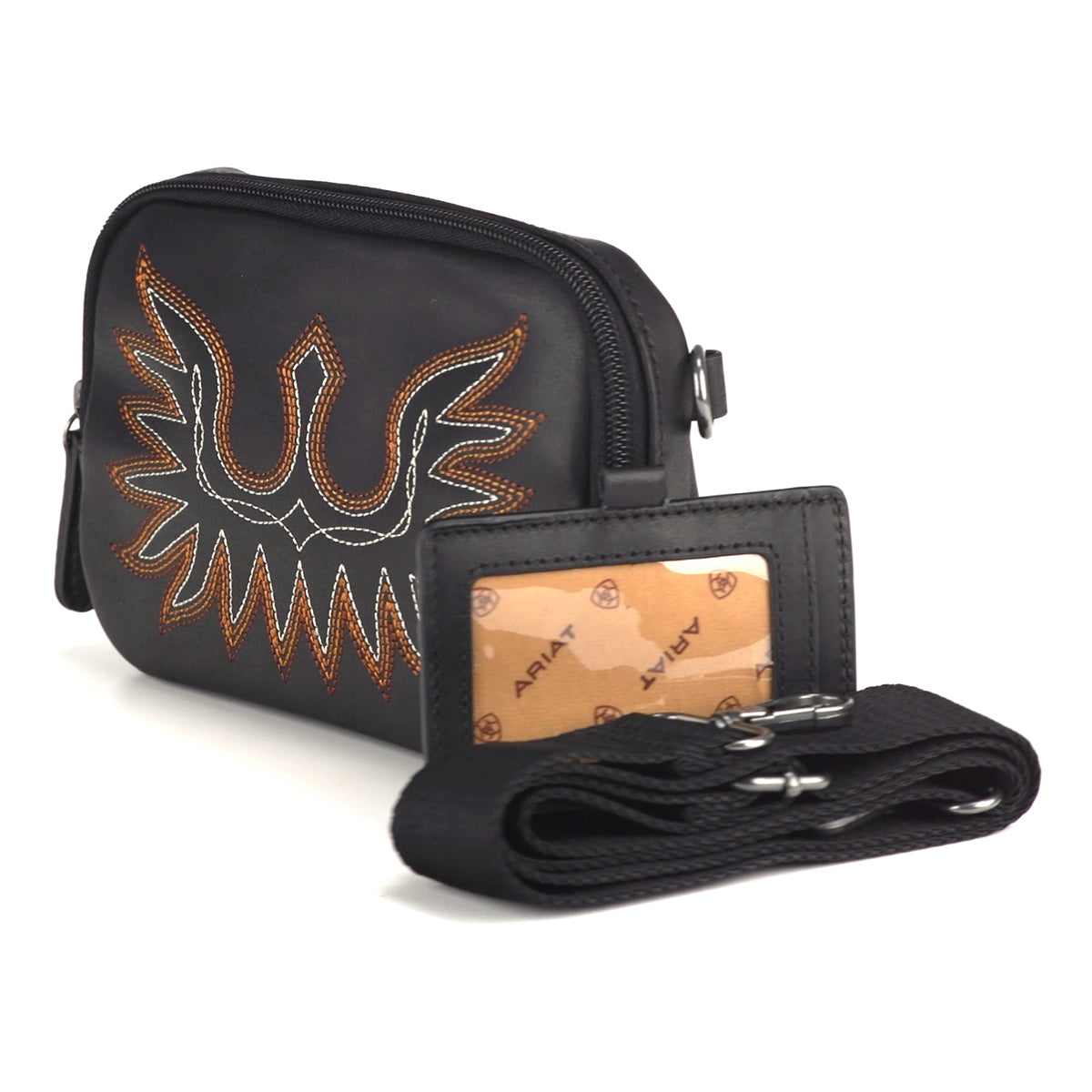 Angled front view of Ariat Ladies Black Casanova Collection Belt Bag showing embroidered flap