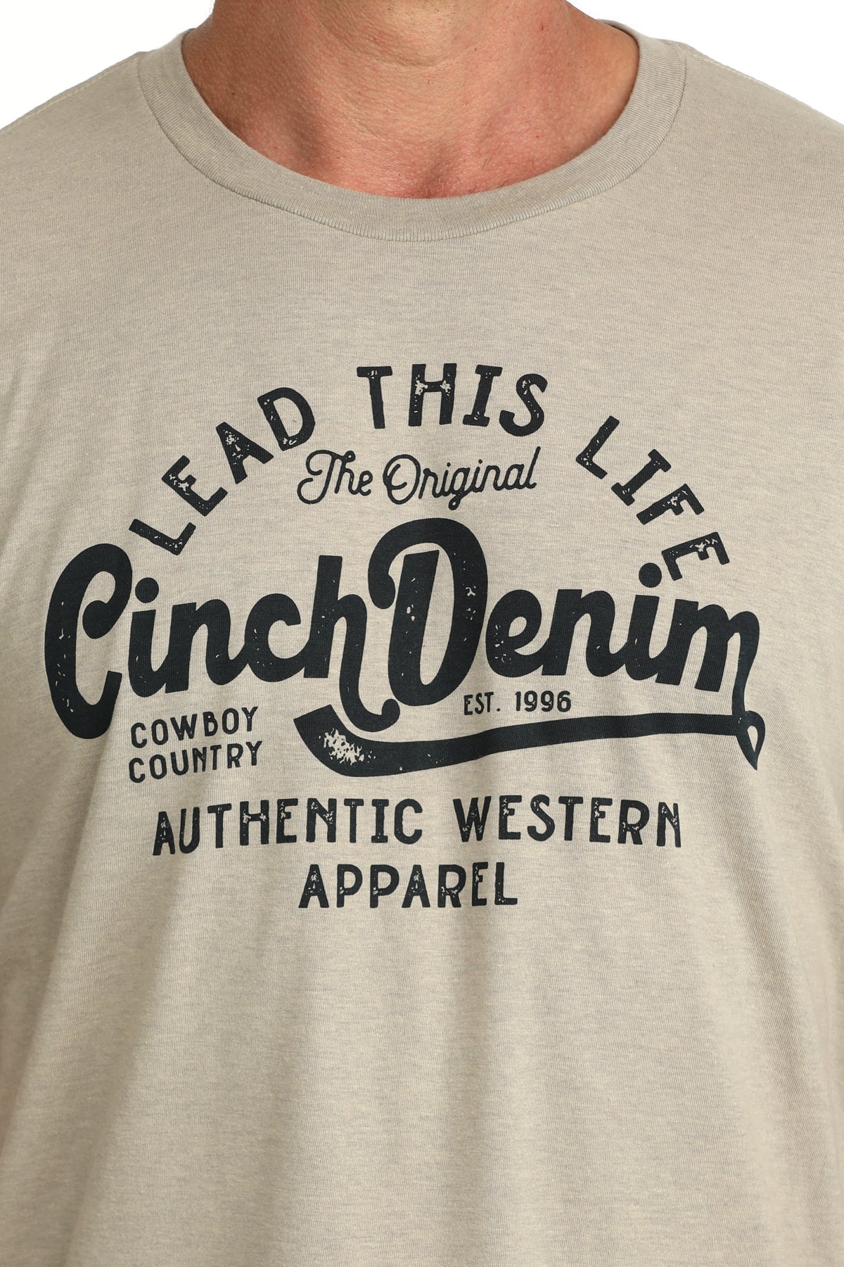Close-up of Cinch Men’s Short Sleeve Graphic Tee chest graphic in khaki