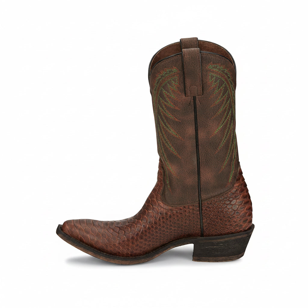 Nocona Carlita Cognac Snake Print Snip Toe Boots side view in brown leather