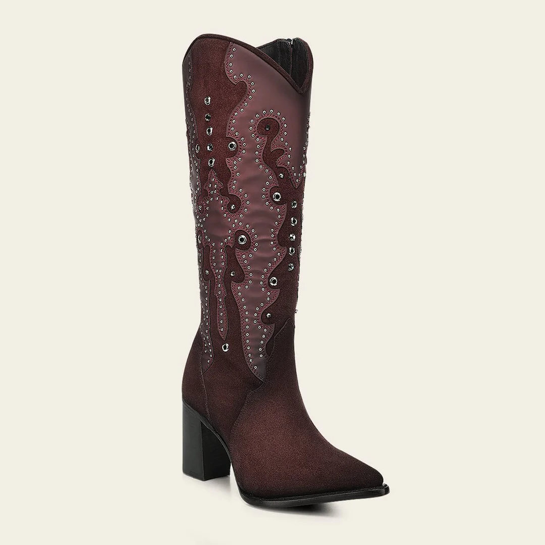 Cuadra Wine Crystal Studded Pointed Toe Boot angled side view in wine leather