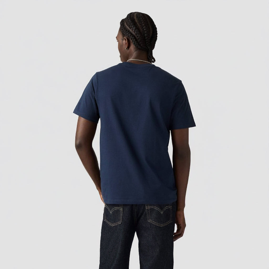 Back view of Levi’s Standard Fit Short Sleeve Logo Crewneck T-Shirt on model in blue